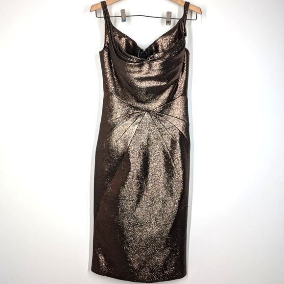 Zac Posen Metallic Bustier Sheath Cocktail Dress Size 6 Copper Brown Fitted New - Picture 2 of 13